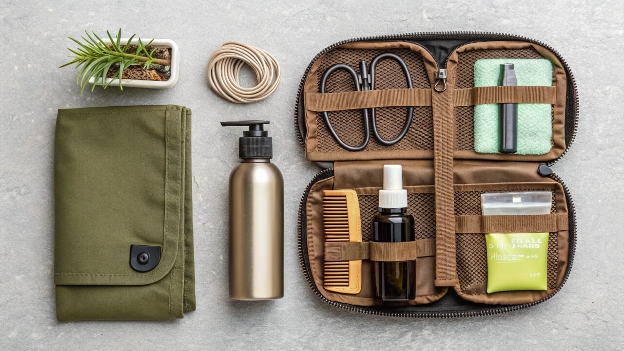 What are the essential hair products for a two-week backpacking trip with minimal washing?